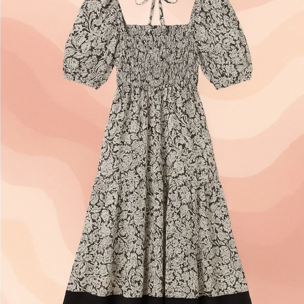 👗🌟Anthropologie Square Neck Smocked Midi Dress Boho Floral Black White XS 0 2 - Picture 5 of 12